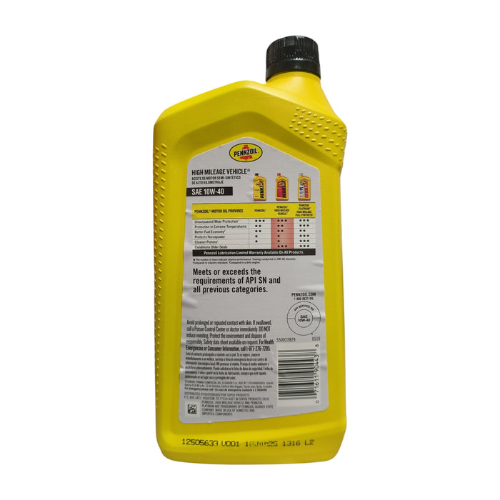 Pennzoil High Mileage SAE 10W-40 Motor Oil, 6-pack/1 quart bottles