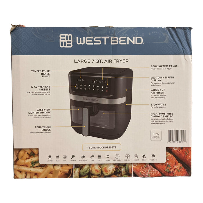 West Bend 7QT Air Fryer, Dishwasher-Safe Basket and 13 One-Touch Presets, Black