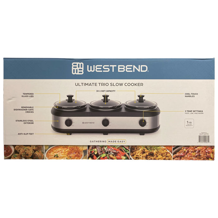 West Bend Triple Slow Cooker, 3x 2.5qt, Stainless/Black