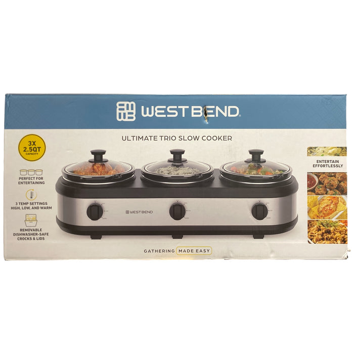 West Bend Triple Slow Cooker, 3x 2.5qt, Stainless/Black