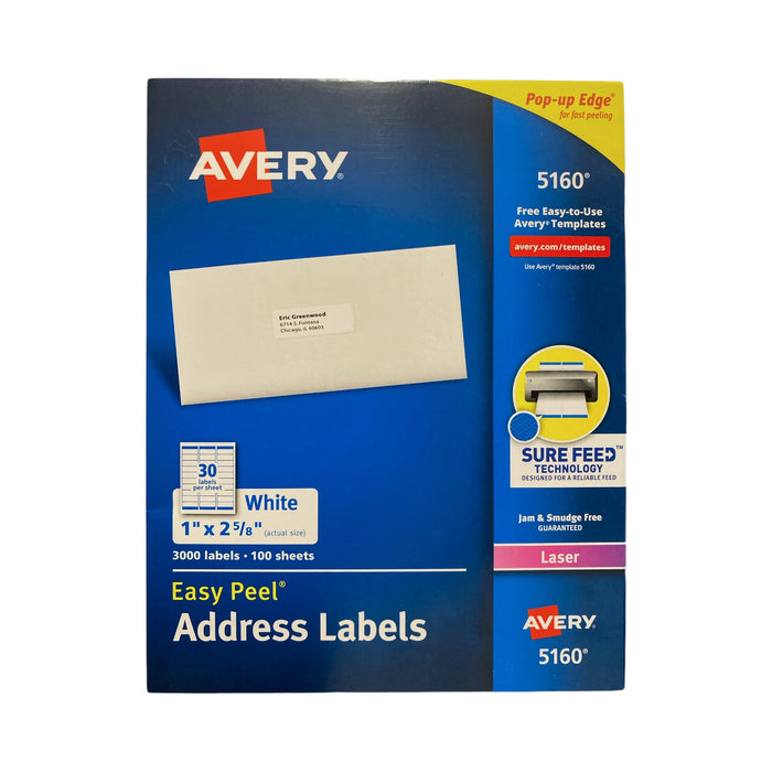 Avery Easy Peel Address Labels, Sure Feed Technology, 1" x 2-5/8", 3,000 Labels