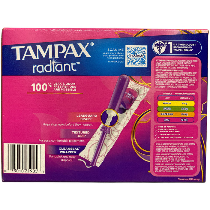 Tampax Radiant Tampons Trio Pack, Unscented, 77 ct
