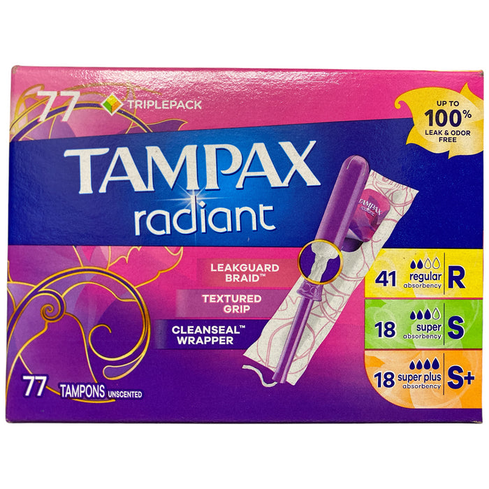 Tampax Radiant Tampons Trio Pack, Unscented, 77 ct