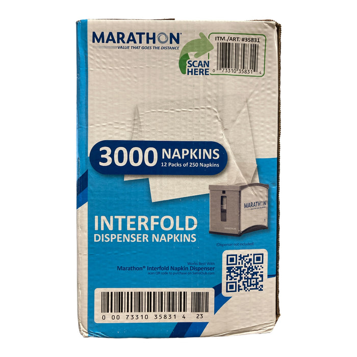 Marathon Interfold 1-Ply Dispenser Napkins, 3000 Per Case, White