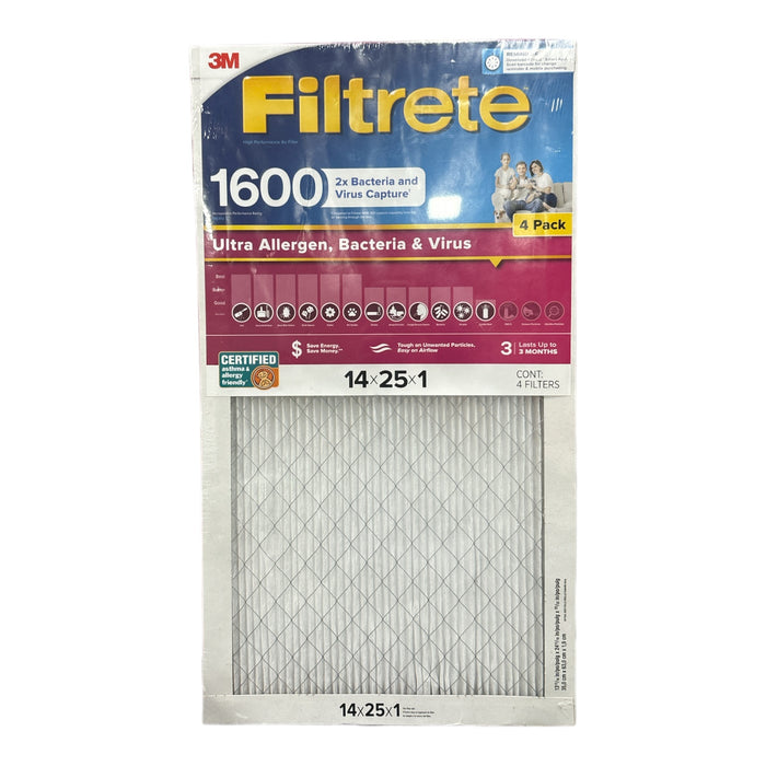 Filtrete Ultra Allergen 2X Bacteria and Virus Filter, 14x25x1, 1600 MPR, 4 Pack