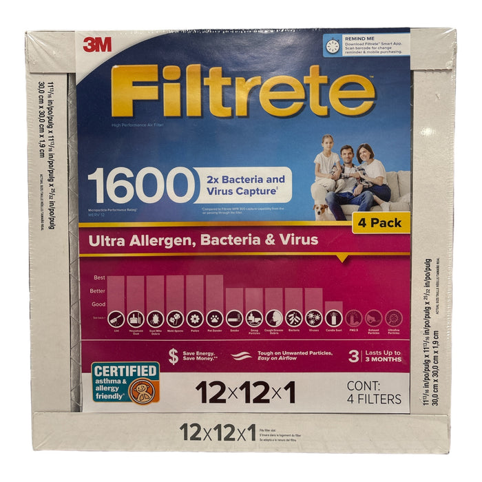 Filtrete Ultra Allergen 2X Bacteria and Virus Filter, 12x12x1, 1600 MPR, 4 Pack