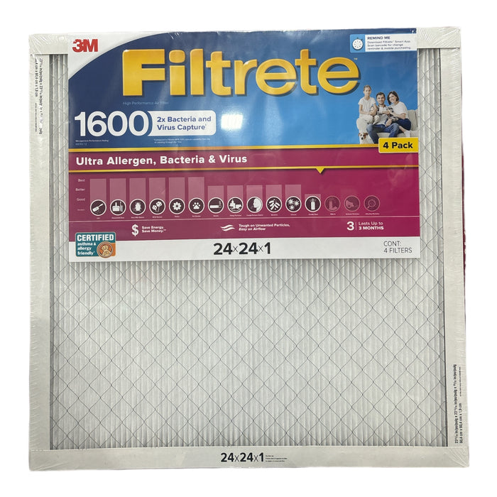 Filtrete Ultra Allergen 2X Bacteria & Virus Filter 1600 MPR, 24x24x1, 4 Pack