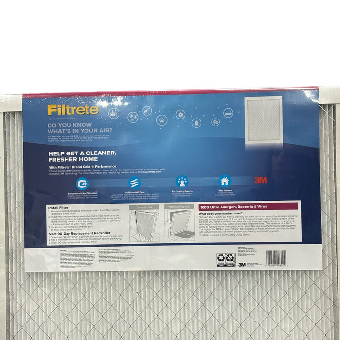 Filtrete Ultra Allergen 2X Bacteria & Virus Filter 1600 MPR, 24x24x1, 4 Pack