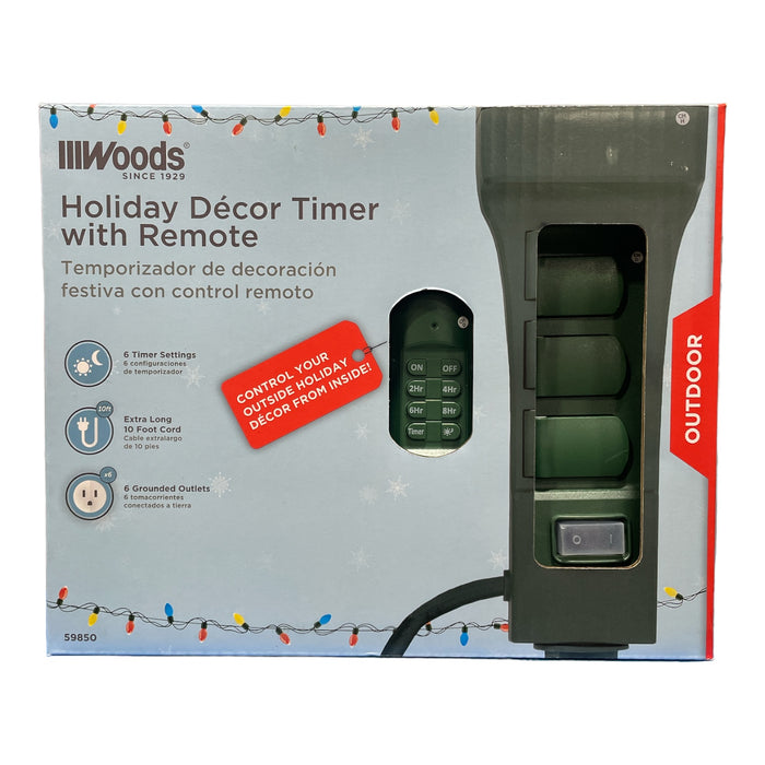 Woods 59850 Holiday Decor Timer Yard Stake & Remote, 10ft, 6 Grounded Outlets