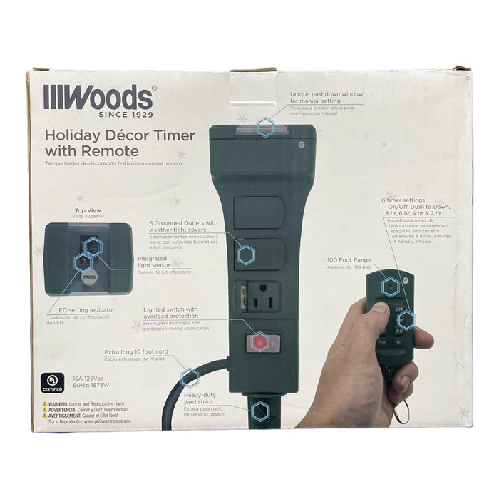 Woods 59850 Holiday Decor Timer Yard Stake & Remote, 10ft, 6 Grounded Outlets