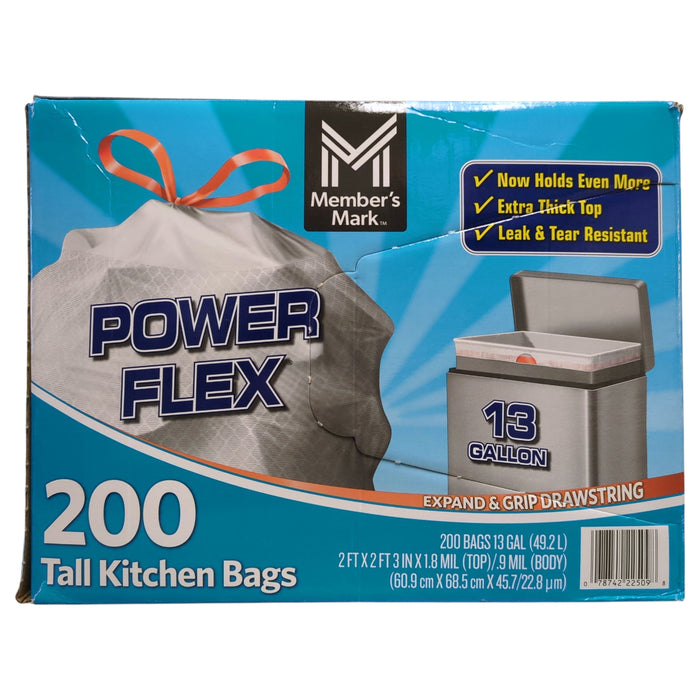 Member's Mark Power Flex Tall Kitchen Trash Bags, White, 13 Gal, 200ct