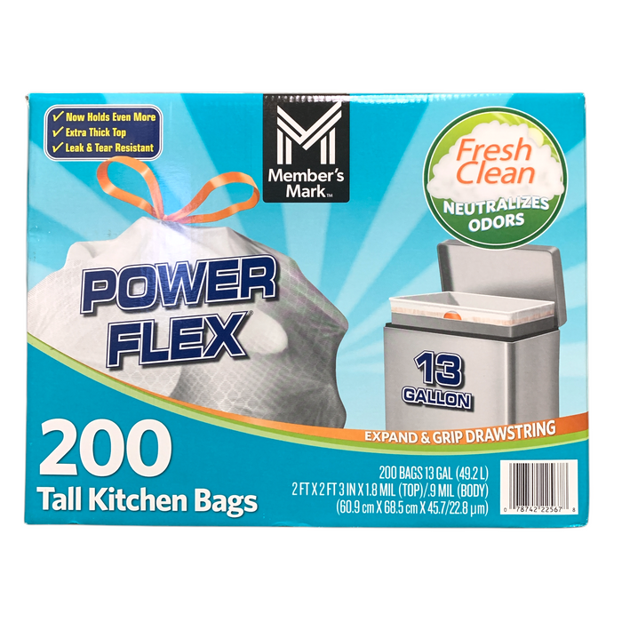 Member's Mark Power Flex Tall Kitchen Drawstring Trash Bags (13 gal., 200 ct.)