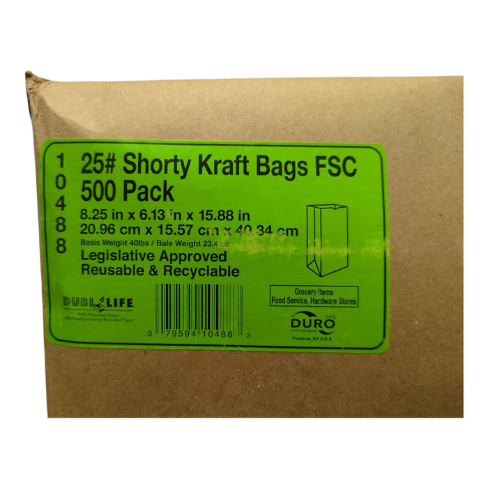Duro Brown Paper Bag, 25# Kraft Bags, 8.25"x6.13"x15.88", 500ct