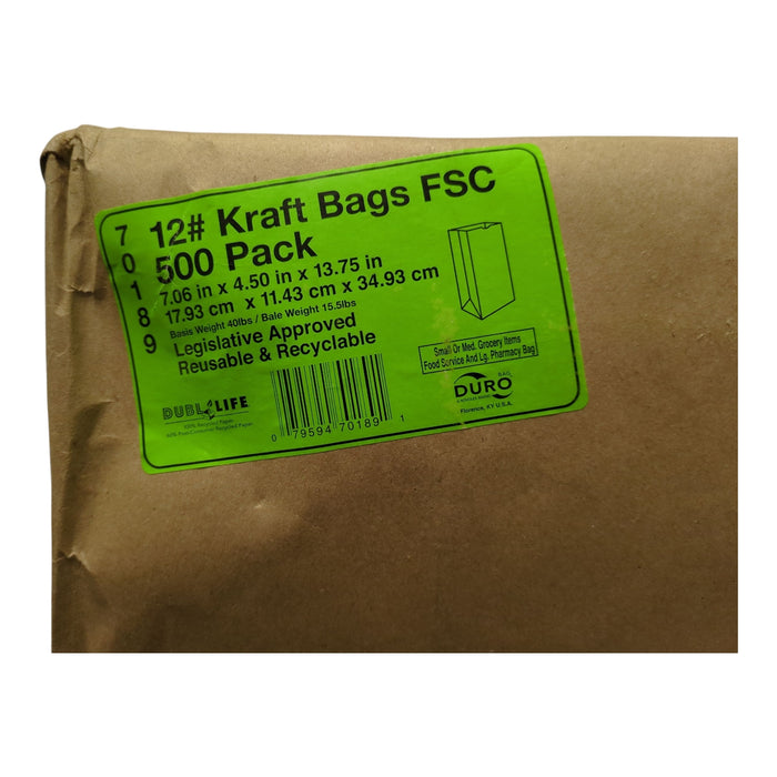 Duro Brown Paper Bag, 12# Kraft Bags, 7.06"x4.5"x13.75", 500ct