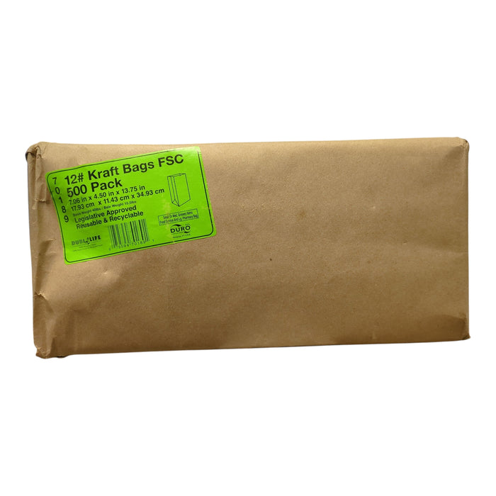 Duro Brown Paper Bag, 12# Kraft Bags, 7.06"x4.5"x13.75", 500ct