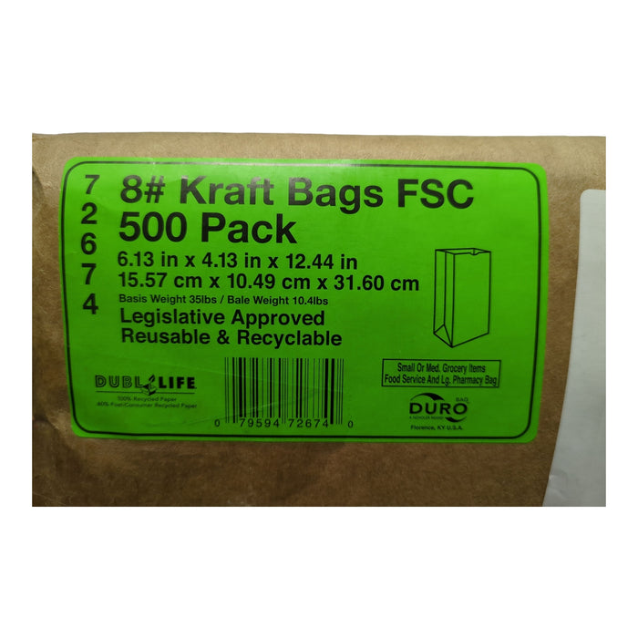Duro Brown Paper Bag, 8# Kraft Bags, 6.13"x4.13"x12.44", 500ct