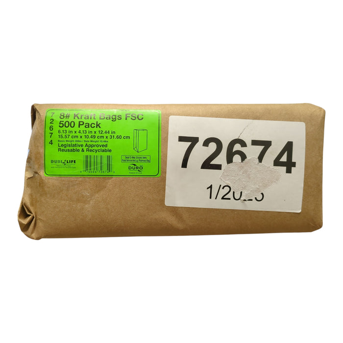Duro Brown Paper Bag, 8# Kraft Bags, 6.13"x4.13"x12.44", 500ct