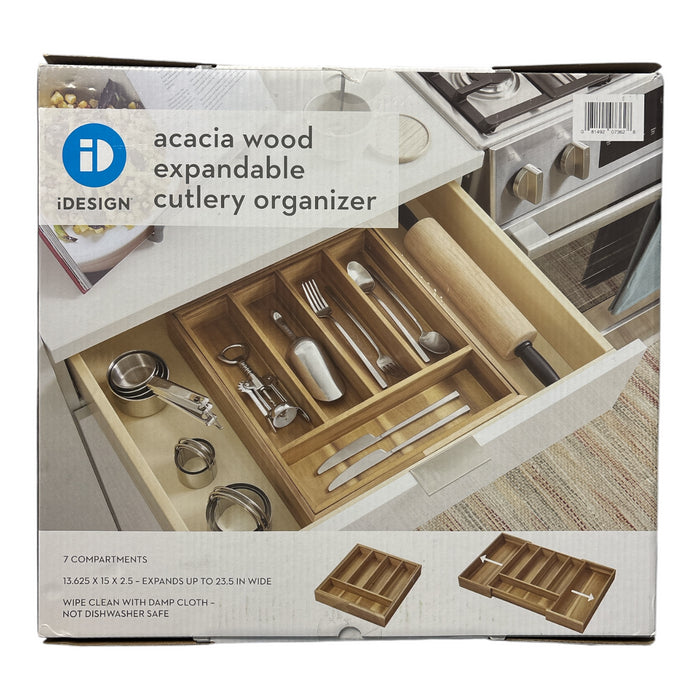iDesign Acacia Wood Expandable Flatware and Cutlery Organizer Tray, Natural