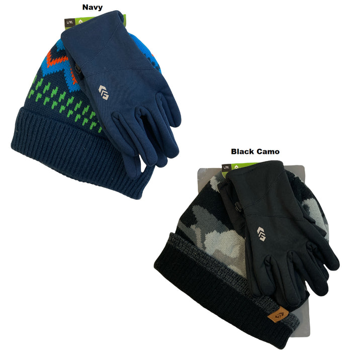 Free Country Boy's Knit Sherpa Lined Beanie Winter Hat & Non-Slip Grip Glove Set