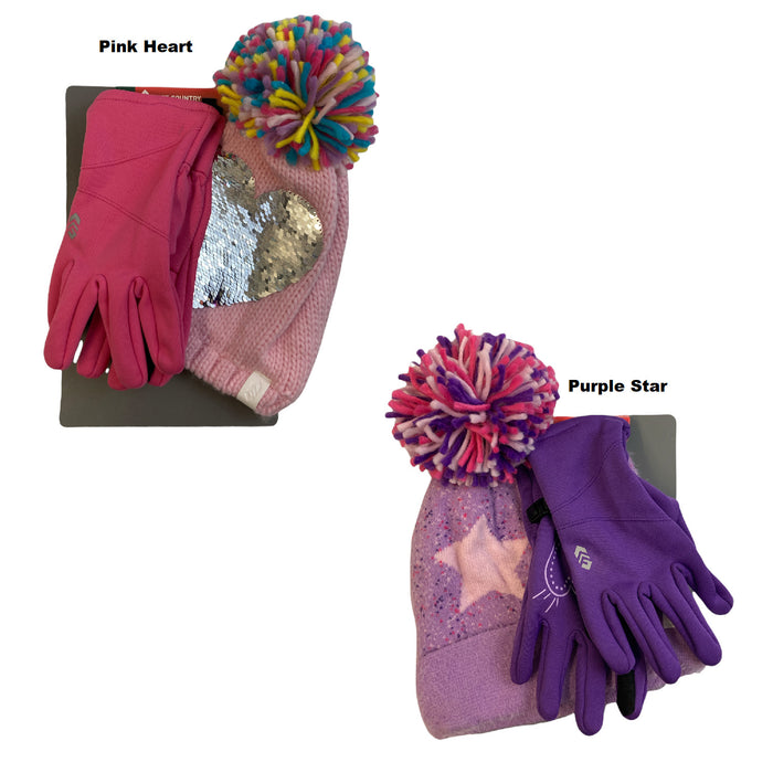 Free Country Girl's Warm Winter Pom Pom Knit Hat & Non-Slip Grip Glove Set