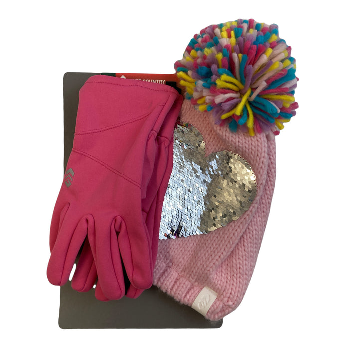 Free Country Girl's Warm Winter Pom Pom Knit Hat & Non-Slip Grip Glove Set