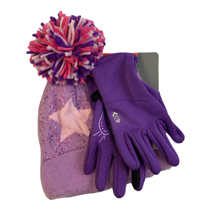 Free Country Girl's Warm Winter Pom Pom Knit Hat & Non-Slip Grip Glove Set