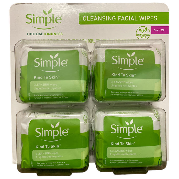 Simple Everyday Cleansing Facial Wipes with Vitamin B5 & E, 25 ct., 4 pk