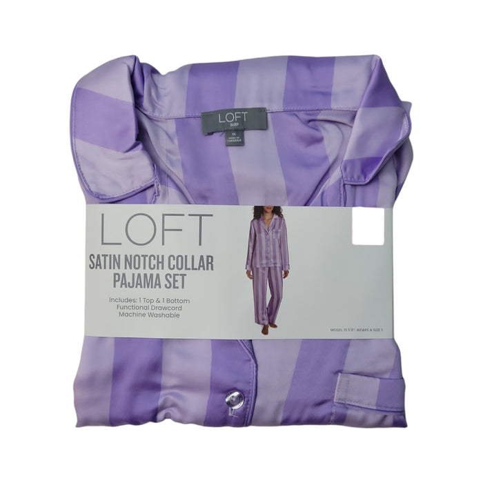 LOFT Women's Button Down Elastic Waistband Satin Notch Collar Pajama Set