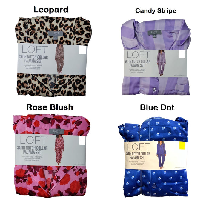 LOFT Women's Button Down Elastic Waistband Satin Notch Collar Pajama Set