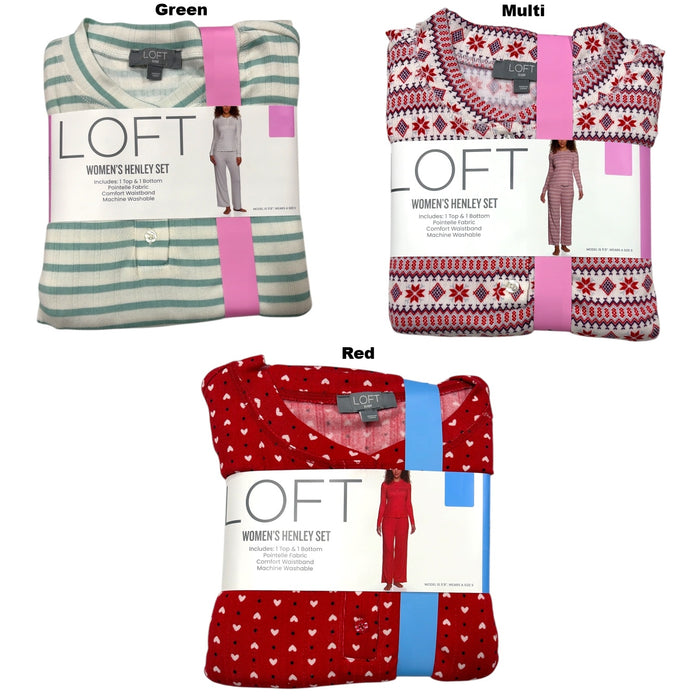 Loft Women's 2 Piece Pointelle Long Sleeve Henley & Pant Pajama Set