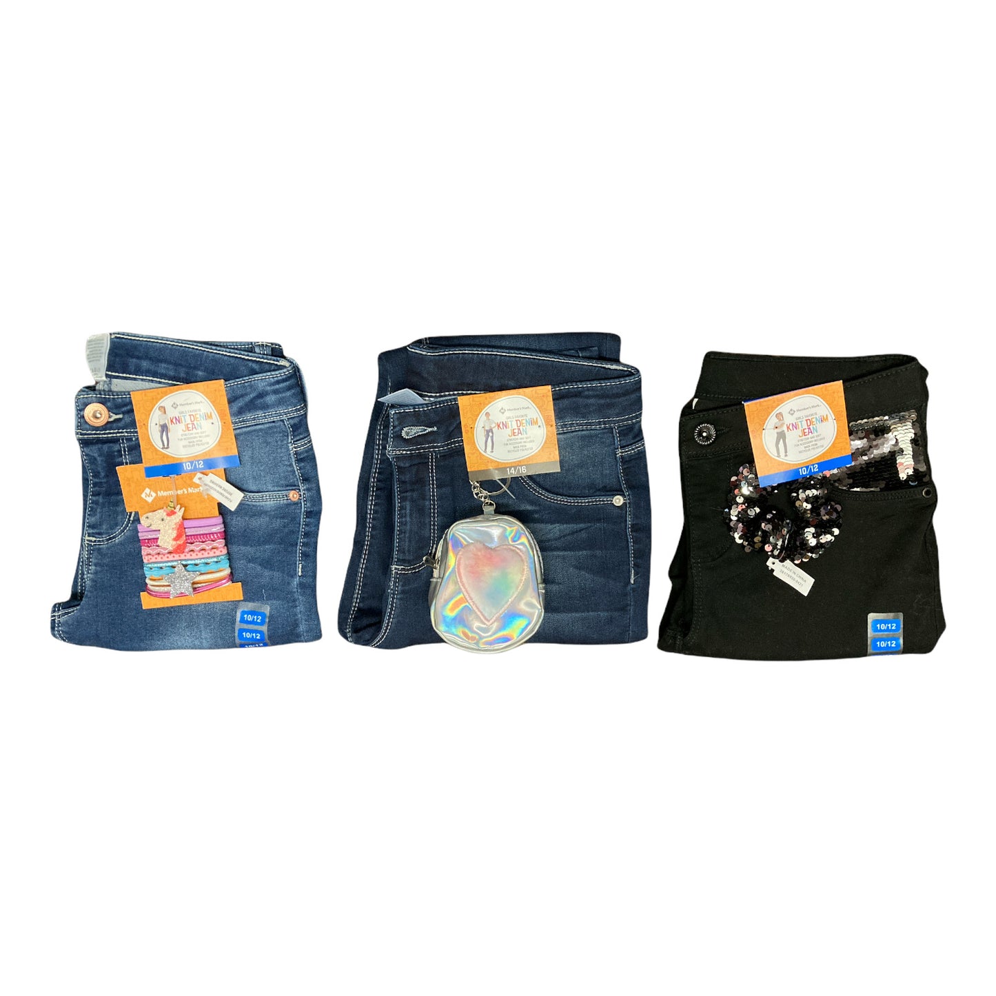 Member's Mark Girl's Favorite Knit Mid Rise Denim Jeans With Fun Accessory