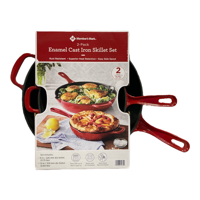Member's Mark 2pc Enamel Cast Iron Skillet Set, Red