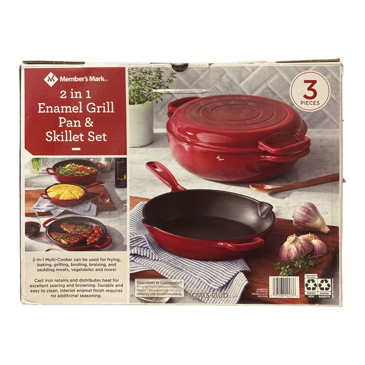 Member's Mark 3 Piece 2-In-1 Enamel Grill Pan & Skillet Set, Red ...