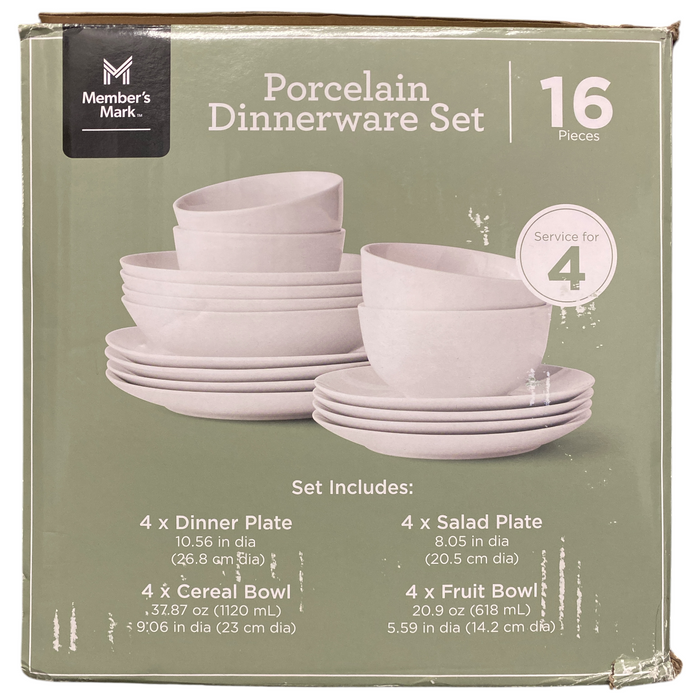 Member's Mark Porcelain Dinnerware Set, 16 Piece, White