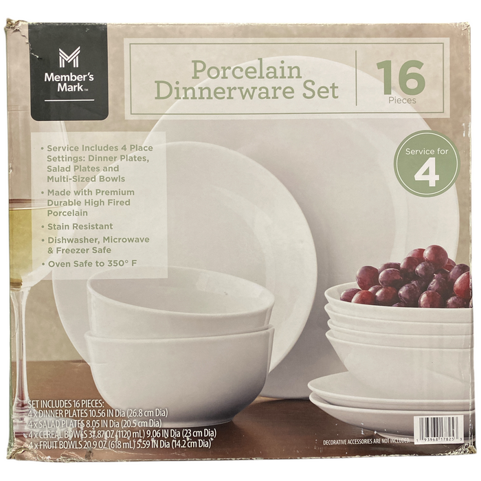 Member's Mark Porcelain Dinnerware Set, 16 Piece, White