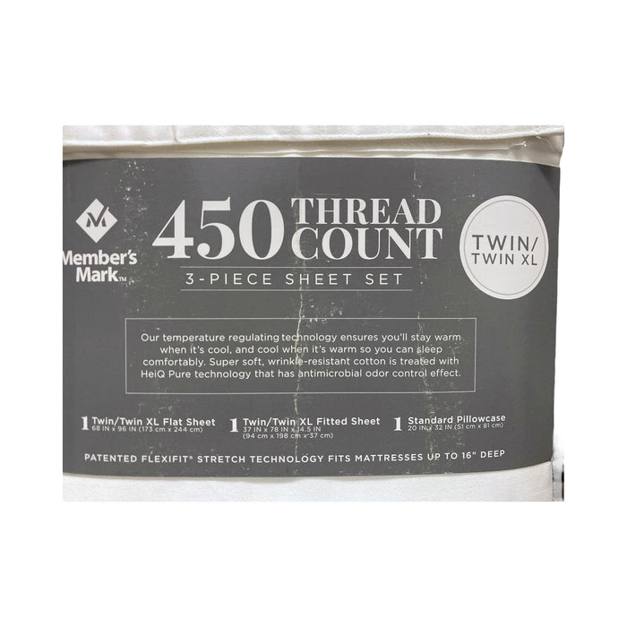 Member's Mark 450 Thread-Count 3 Piece Sheet Set, Arctic White, Twin/Twin XL