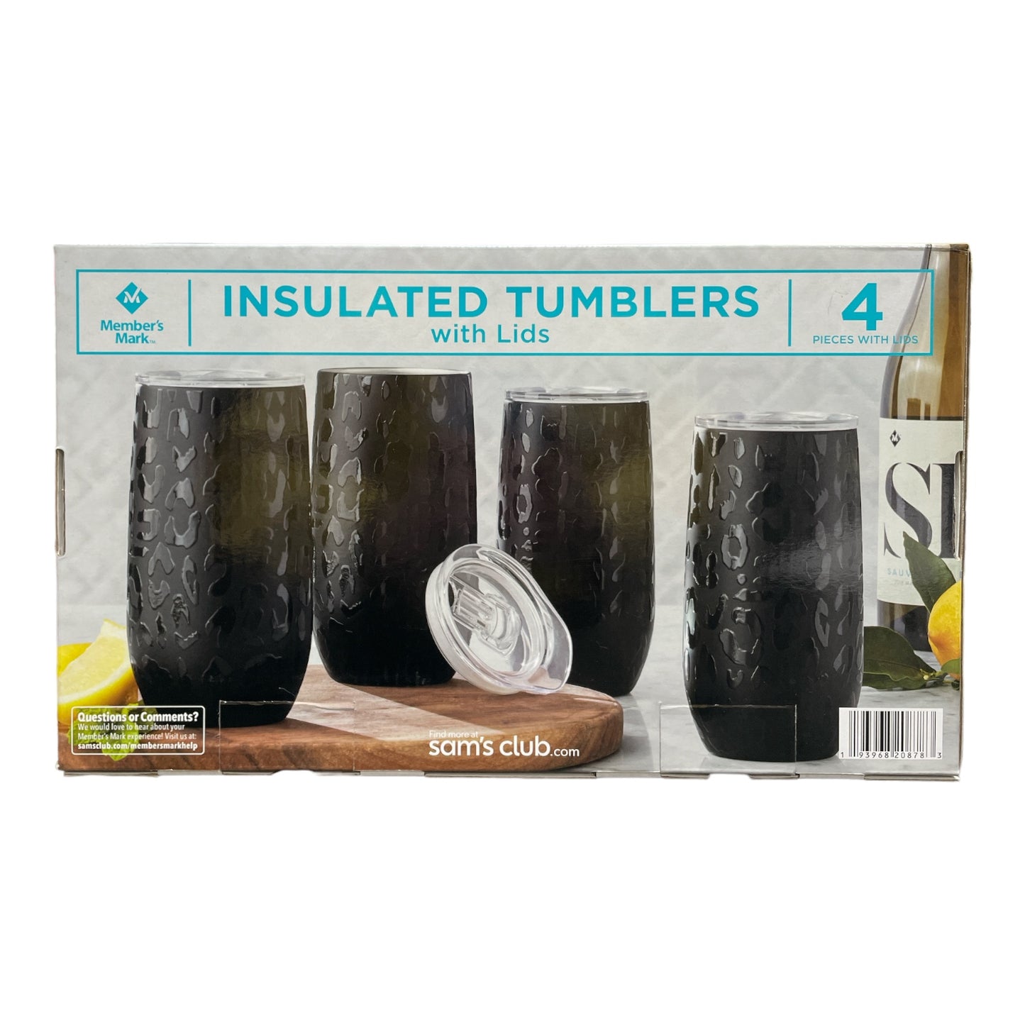 Member's Mark 14oz Insulated Tumblers, 4 Piece with Lids, Black Animal Print