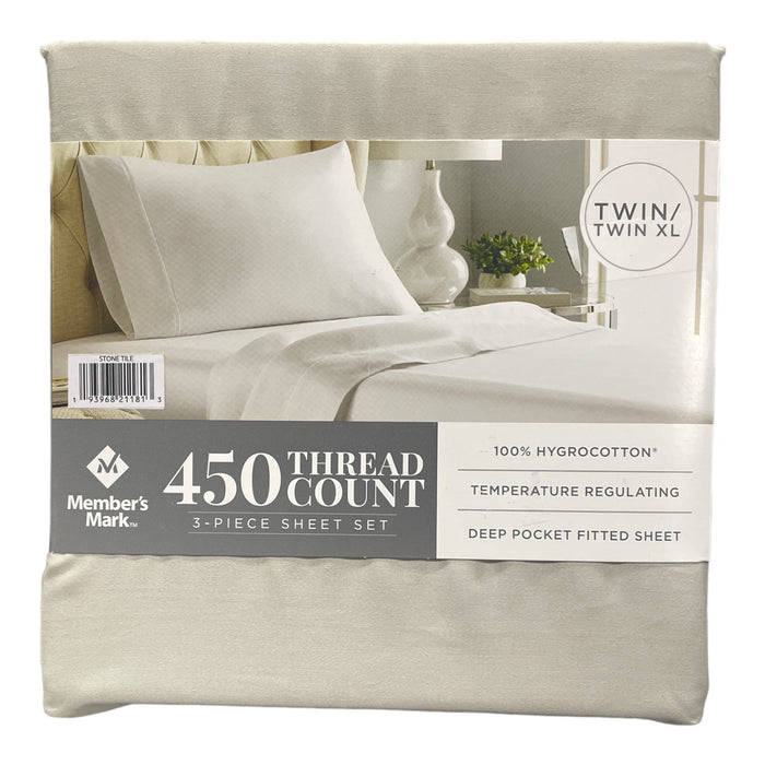 Member's Mark 450 Thread Count Solid 3 Piece Sheet Set, Twin/Twin XL, Stone Tile
