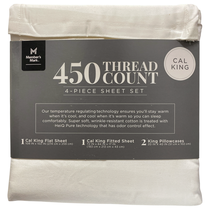 Member's Mark 450 Thread Count Solid 4 Piece Sheet Set, Arctic White, Cal King