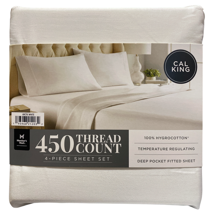 Member's Mark 450 Thread Count Solid 4 Piece Sheet Set, Arctic White, Cal King