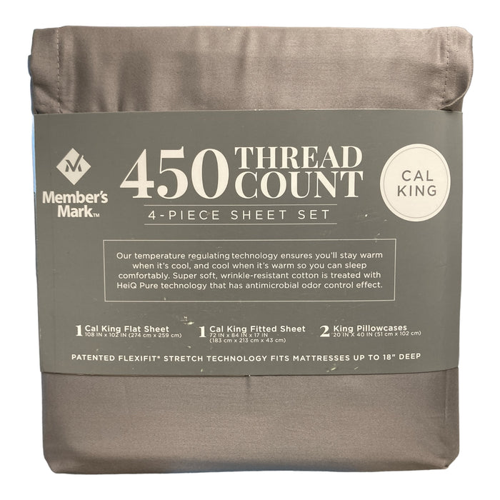 Member's Mark 450 Thread Count Solid 4 Piece Sheet Set, Zinc, Cal King