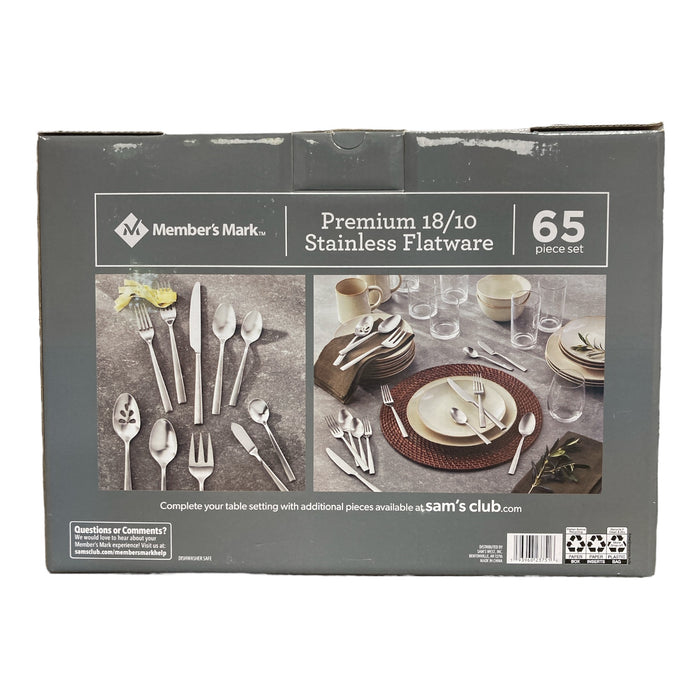 Member's Mark Premium 65 Piece 18/10 Stainless Steel Flatware, Brushed Finish