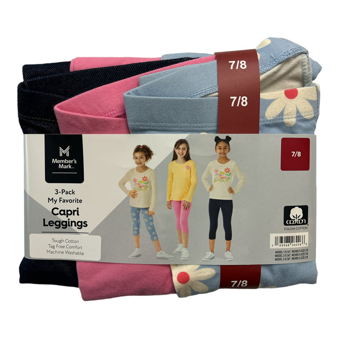Member Mark Girl's 3-Pack My Favorite Capri Leggings (Blue/Pink/Daisy, 10/12)