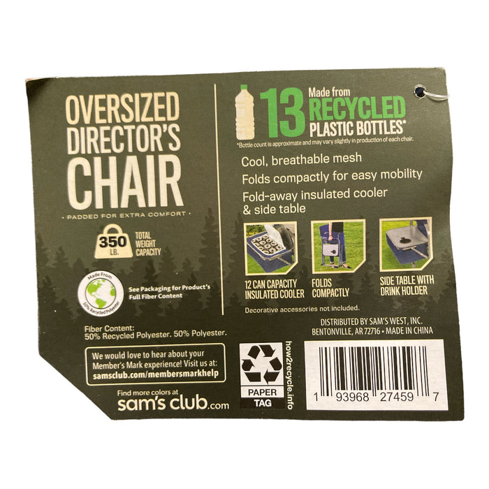 Member's Mark Oversized Director's Chair with Fold Away Cooler, Deep Cobalt