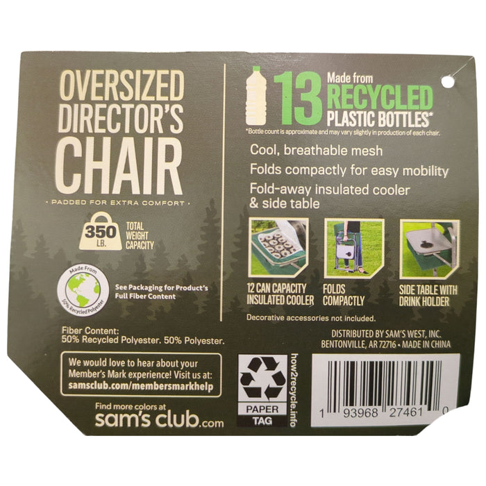 Member's Mark Oversized Director's Chair with Fold Away Cooler, Green Smoke