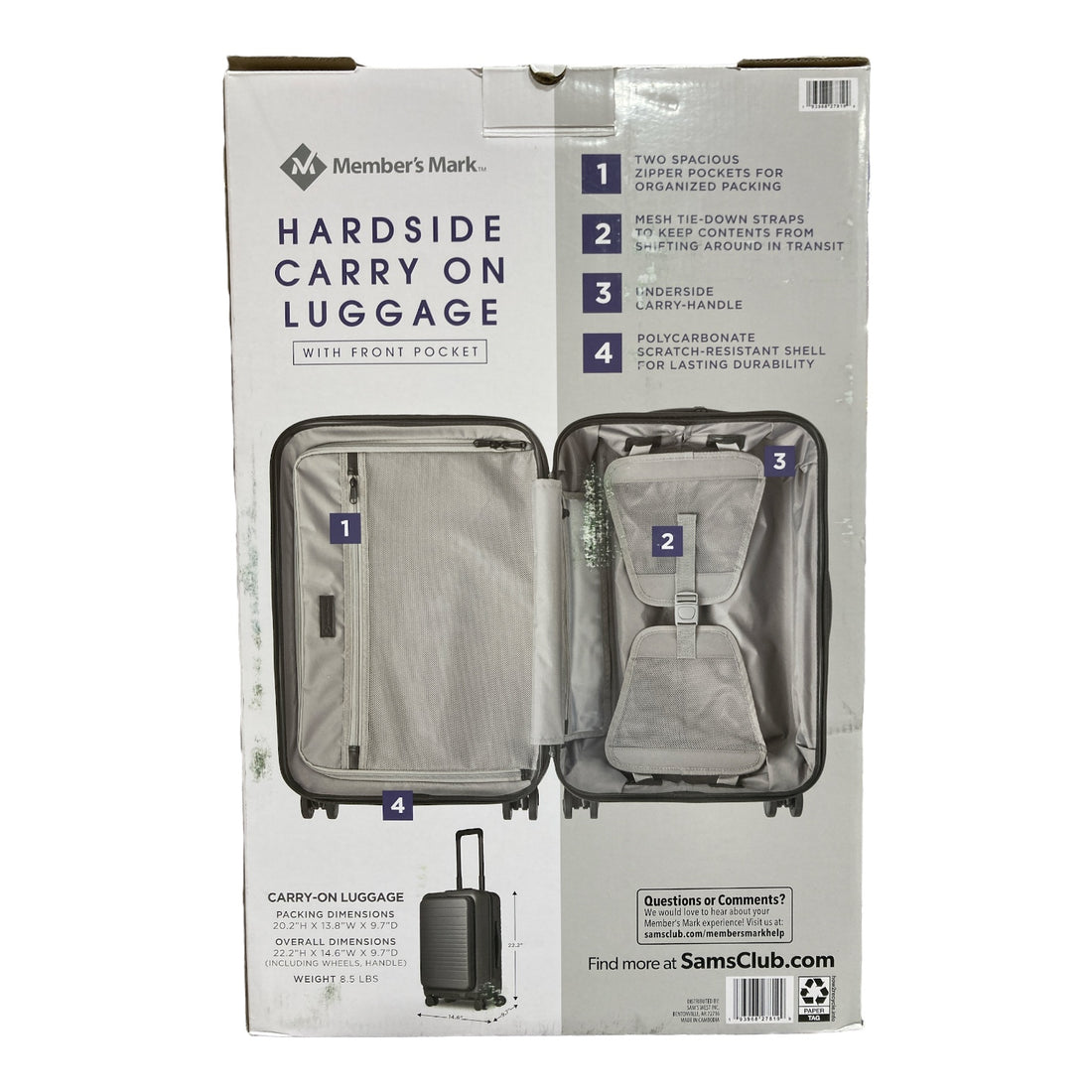 Member's Mark Hardside Carryon Pro Spinner Suitcase With USB, Black