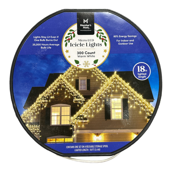 Member's Mark Super Bright Micro Warm White LED Icicle Lights, 18' 300 Count