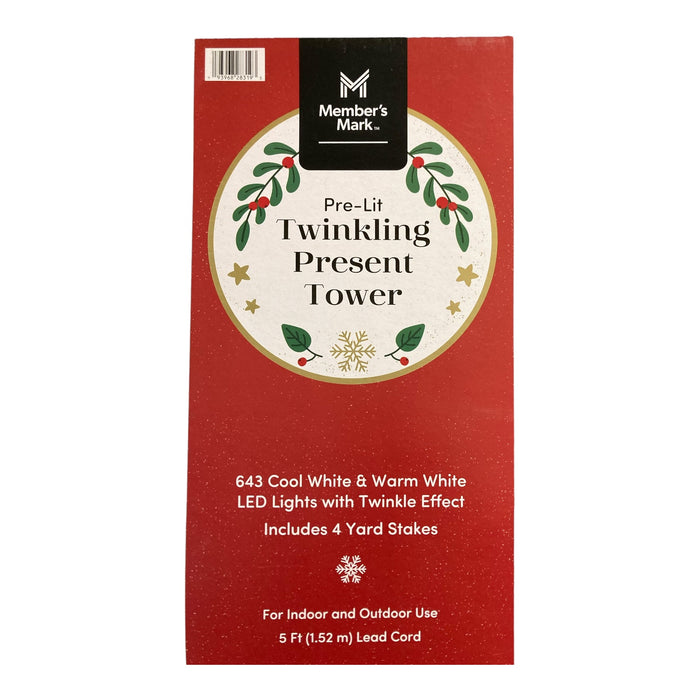 Member's Mark 643 LED Pre-Lit Twinkling Present Tower, 5ft, White/Gold