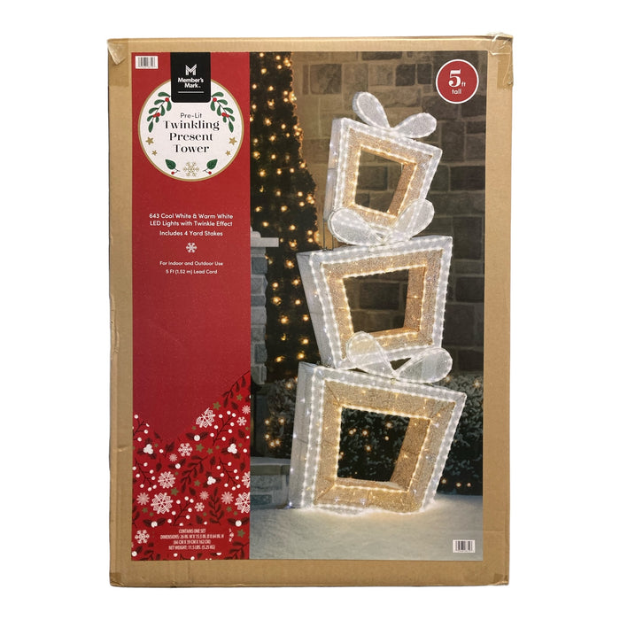 Member's Mark 643 LED Pre-Lit Twinkling Present Tower, 5ft, White/Gold