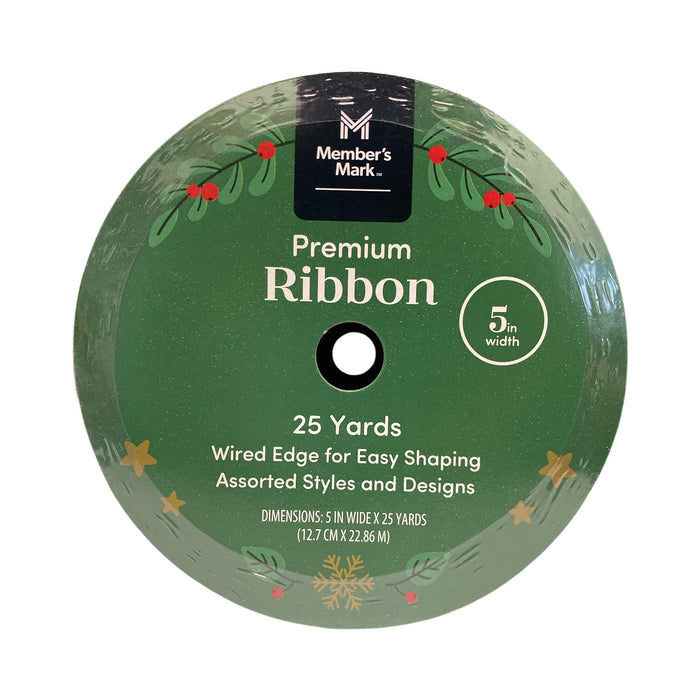 Member's Mark Premium Wired Edge Holiday Ribbon, 5 inches Wide x 25 Yards